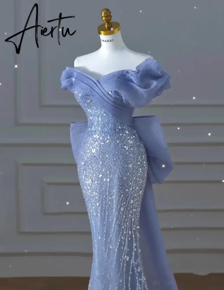 Aiertu  Off the Shoulder Sequin Beaded Mermaid Formal Gown Custom Made Bowknot Back Blue Prom Dress for Women Aiertu