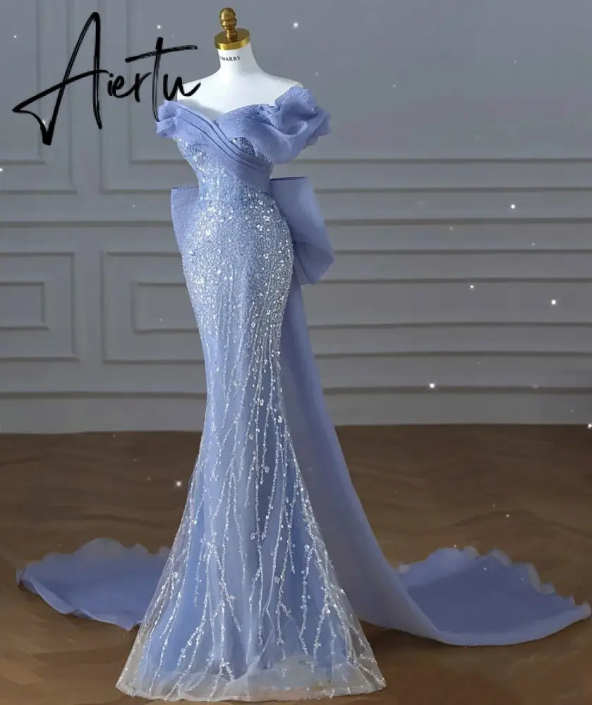 Aiertu  Off the Shoulder Sequin Beaded Mermaid Formal Gown Custom Made Bowknot Back Blue Prom Dress for Women Aiertu