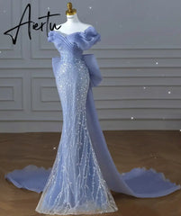 Aiertu  Off the Shoulder Sequin Beaded Mermaid Formal Gown Custom Made Bowknot Back Blue Prom Dress for Women Aiertu
