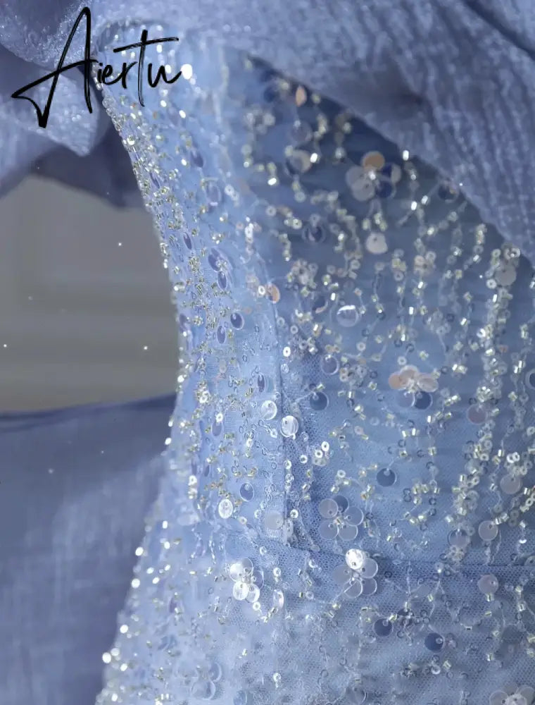 Aiertu  Off the Shoulder Sequin Beaded Mermaid Formal Gown Custom Made Bowknot Back Blue Prom Dress for Women Aiertu