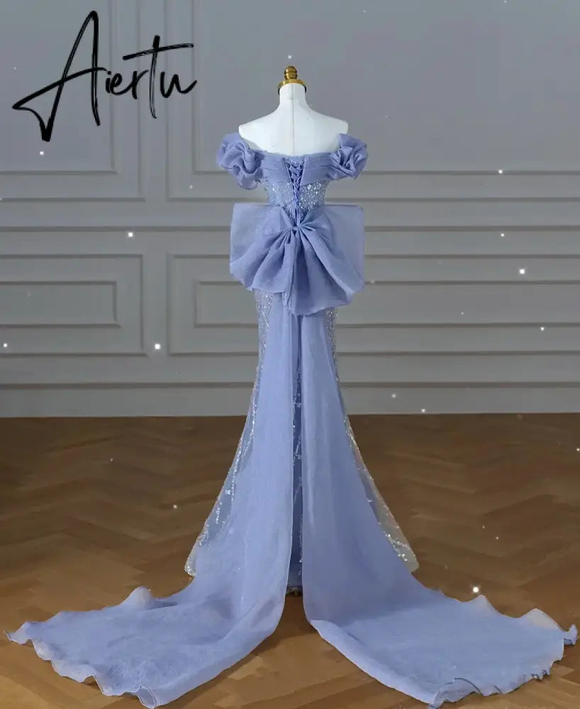 Aiertu  Off the Shoulder Sequin Beaded Mermaid Formal Gown Custom Made Bowknot Back Blue Prom Dress for Women Aiertu