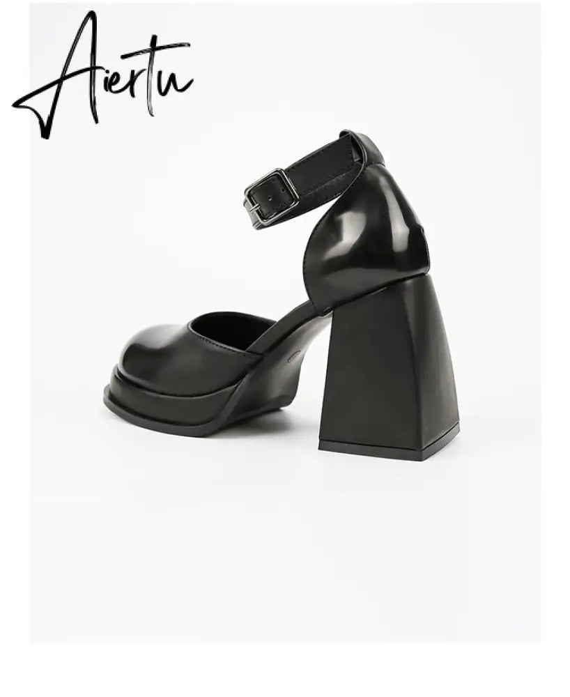 Aiertu Office Ladies Platform Round Toe High Heels Sandals Women Buckle Strappy Marry Janes Black JK Cosplay Goth Punk Summer Shoes Aiertu