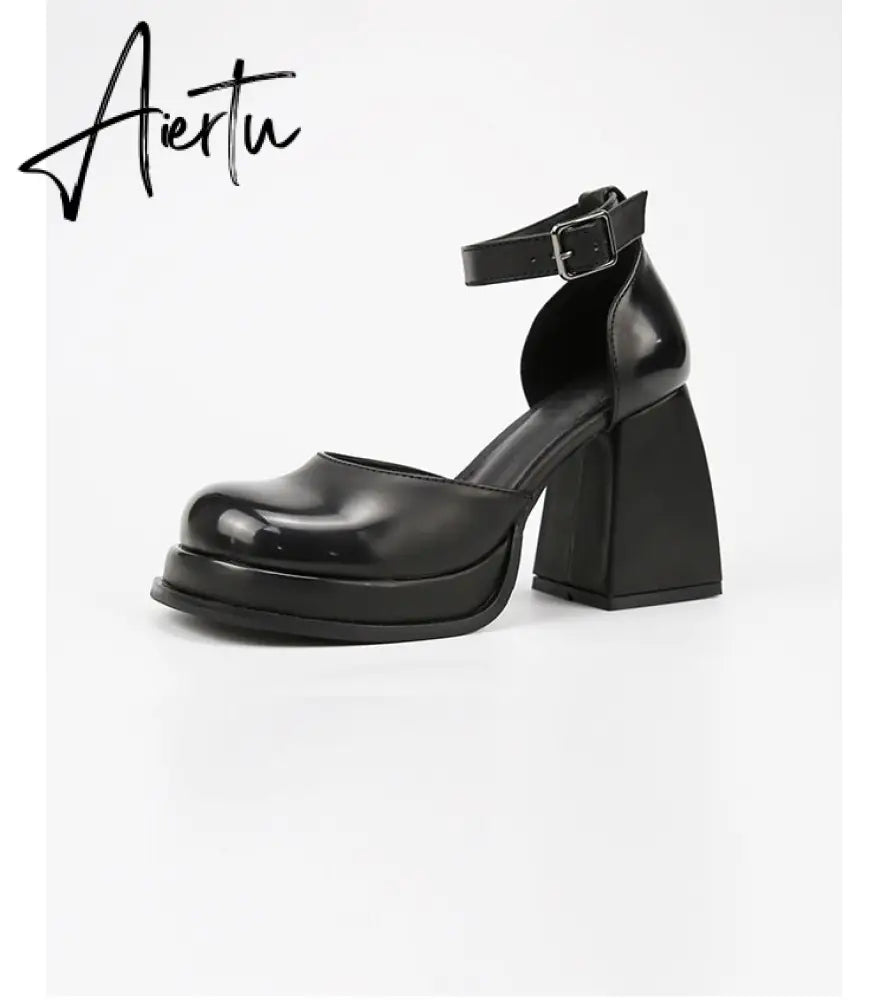 Aiertu Office Ladies Platform Round Toe High Heels Sandals Women Buckle Strappy Marry Janes Black JK Cosplay Goth Punk Summer Shoes Aiertu