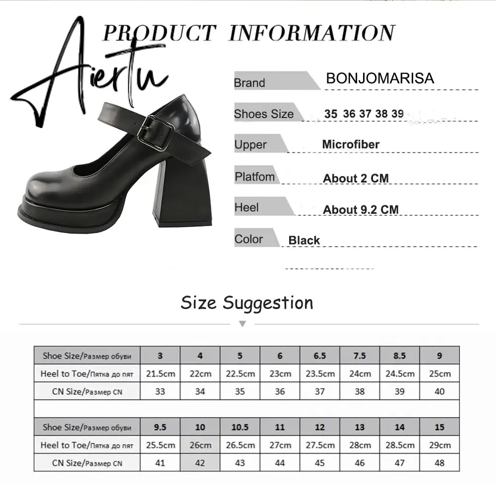 Aiertu Office Ladies Platform Round Toe High Heels Sandals Women Buckle Strappy Marry Janes Black JK Cosplay Goth Punk Summer Shoes Aiertu