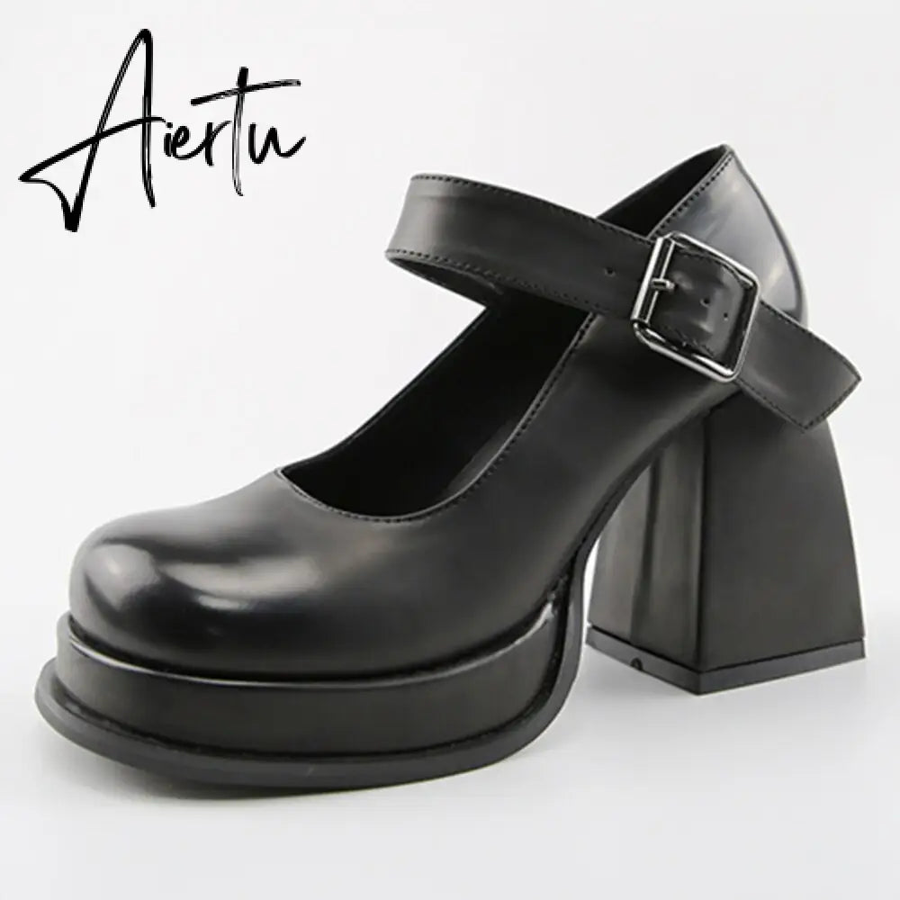 Aiertu Office Ladies Platform Round Toe High Heels Sandals Women Buckle Strappy Marry Janes Black JK Cosplay Goth Punk Summer Shoes Aiertu