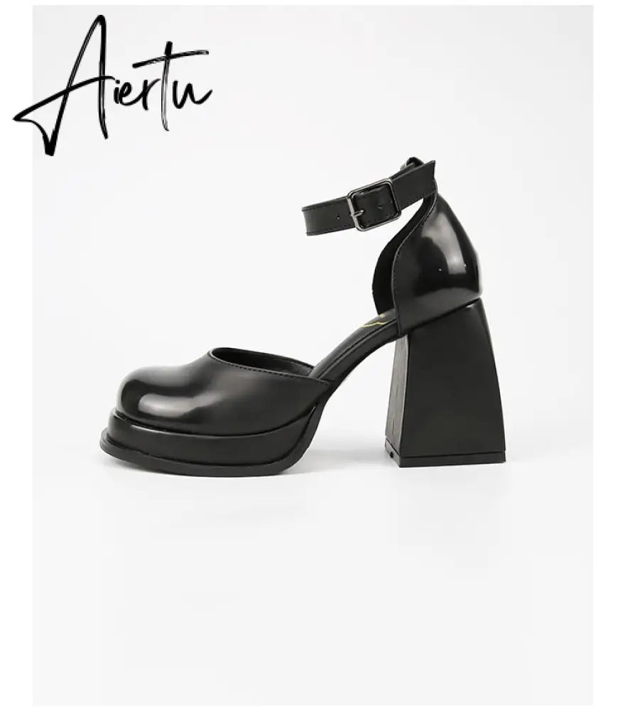 Aiertu Office Ladies Platform Round Toe High Heels Sandals Women Buckle Strappy Marry Janes Black JK Cosplay Goth Punk Summer Shoes Aiertu