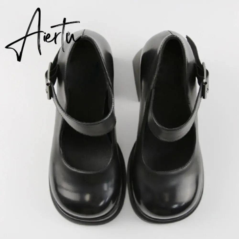 Aiertu Office Ladies Platform Round Toe High Heels Sandals Women Buckle Strappy Marry Janes Black JK Cosplay Goth Punk Summer Shoes Aiertu