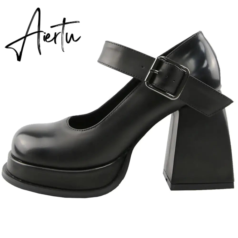 Aiertu Office Ladies Platform Round Toe High Heels Sandals Women Buckle Strappy Marry Janes Black JK Cosplay Goth Punk Summer Shoes Aiertu
