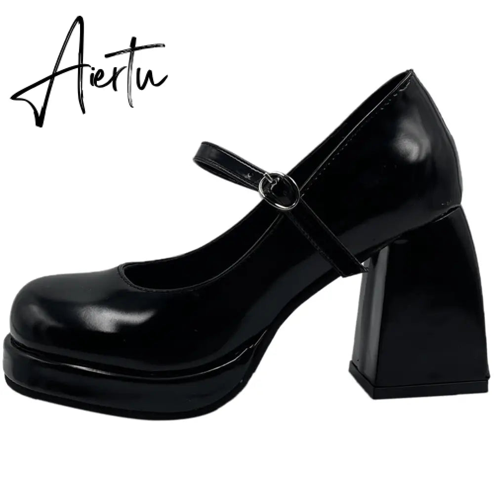 Aiertu Office Ladies Platform Round Toe High Heels Sandals Women Buckle Strappy Marry Janes Black JK Cosplay Goth Punk Summer Shoes Aiertu