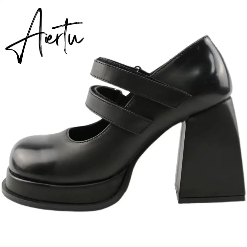 Aiertu Office Ladies Platform Round Toe High Heels Sandals Women Buckle Strappy Marry Janes Black JK Cosplay Goth Punk Summer Shoes Aiertu