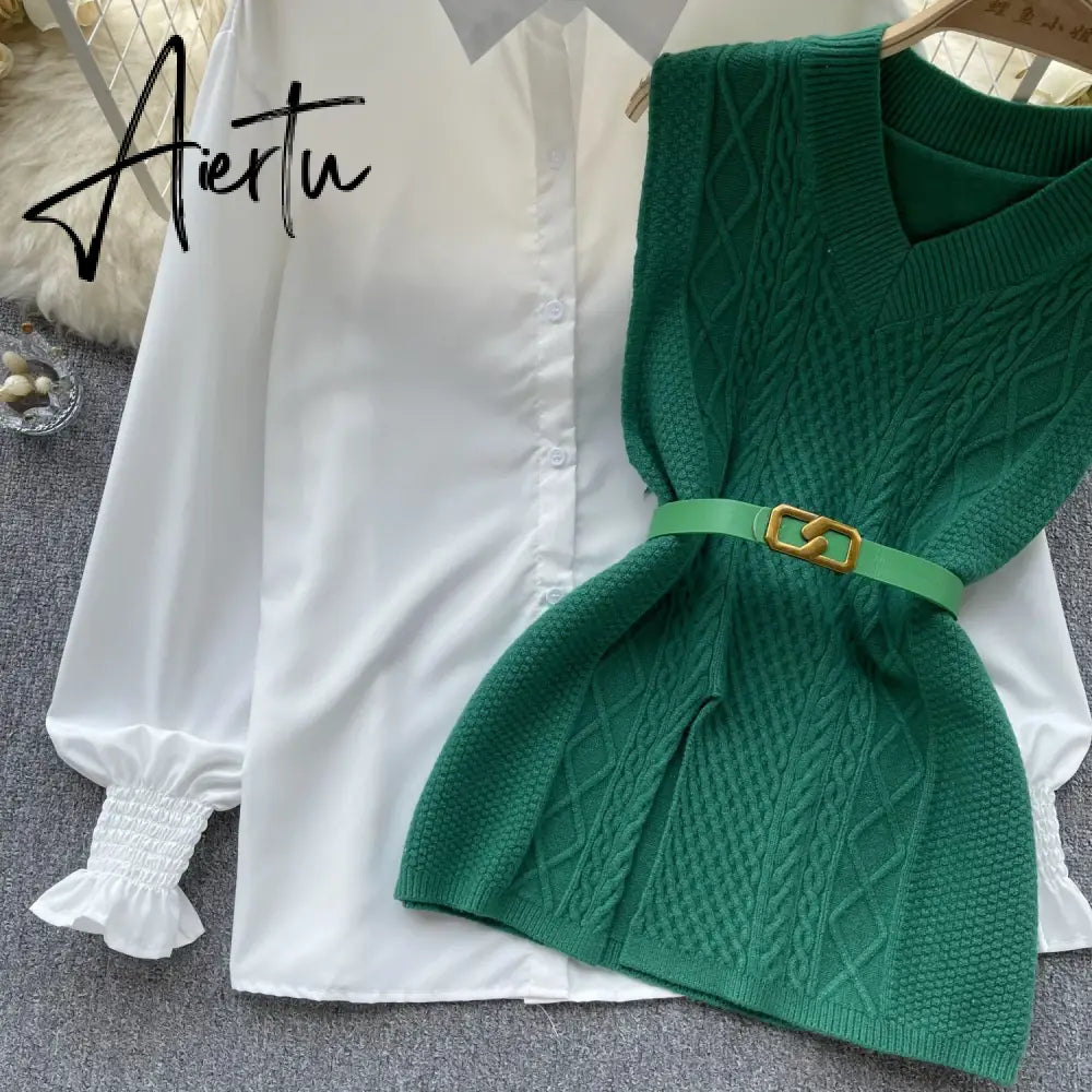 Aiertu  Office Lady Knitted Sweater Warm Thick Knit Vest+Single Breasted Lantern Sleeve Blouse Women Pullover Shirt Suits Aiertu