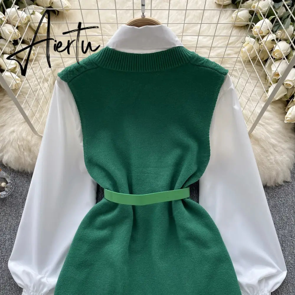 Aiertu  Office Lady Knitted Sweater Warm Thick Knit Vest+Single Breasted Lantern Sleeve Blouse Women Pullover Shirt Suits Aiertu