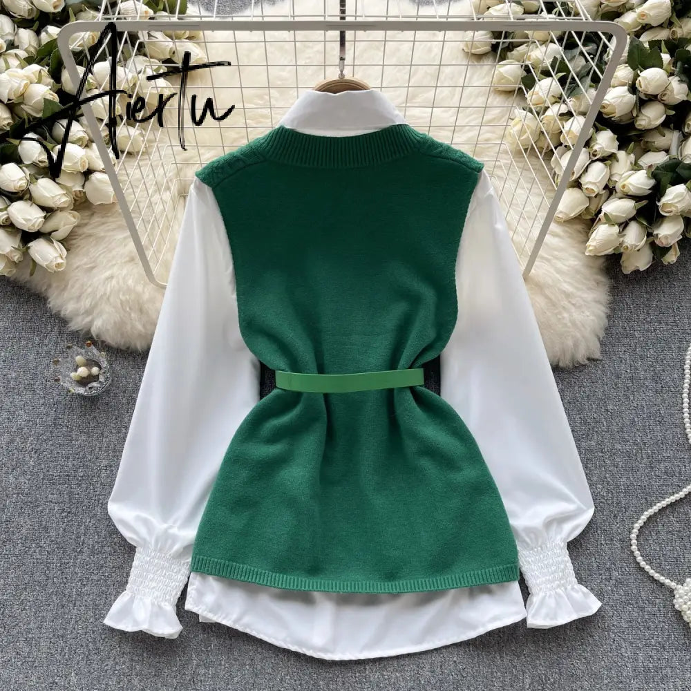 Aiertu  Office Lady Knitted Sweater Warm Thick Knit Vest+Single Breasted Lantern Sleeve Blouse Women Pullover Shirt Suits Aiertu