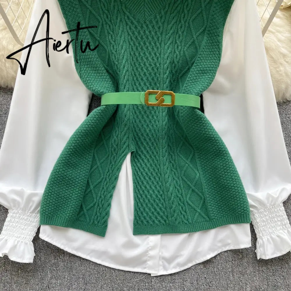 Aiertu  Office Lady Knitted Sweater Warm Thick Knit Vest+Single Breasted Lantern Sleeve Blouse Women Pullover Shirt Suits Aiertu