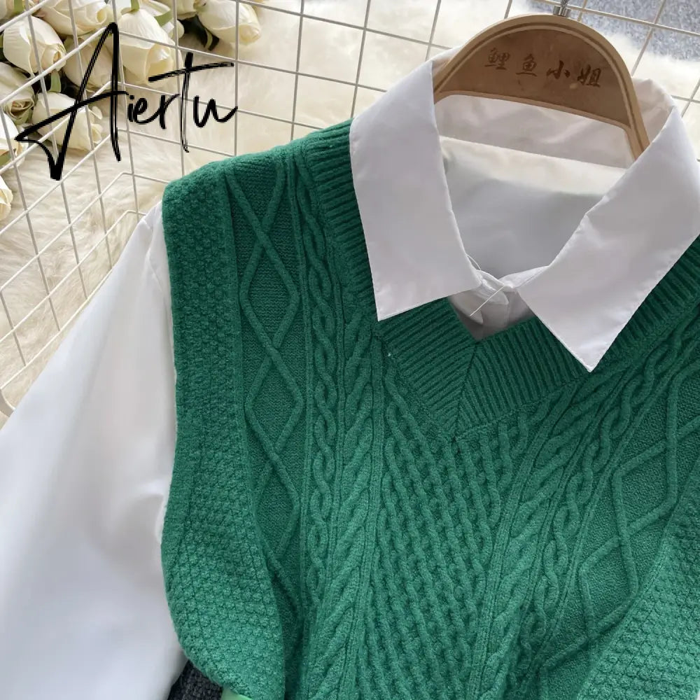 Aiertu  Office Lady Knitted Sweater Warm Thick Knit Vest+Single Breasted Lantern Sleeve Blouse Women Pullover Shirt Suits Aiertu