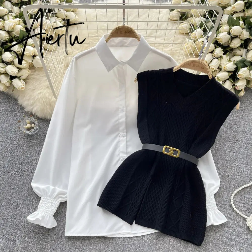 Aiertu  Office Lady Knitted Sweater Warm Thick Knit Vest+Single Breasted Lantern Sleeve Blouse Women Pullover Shirt Suits Aiertu