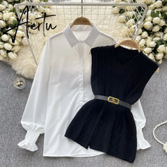Aiertu  Office Lady Knitted Sweater Warm Thick Knit Vest+Single Breasted Lantern Sleeve Blouse Women Pullover Shirt Suits Aiertu