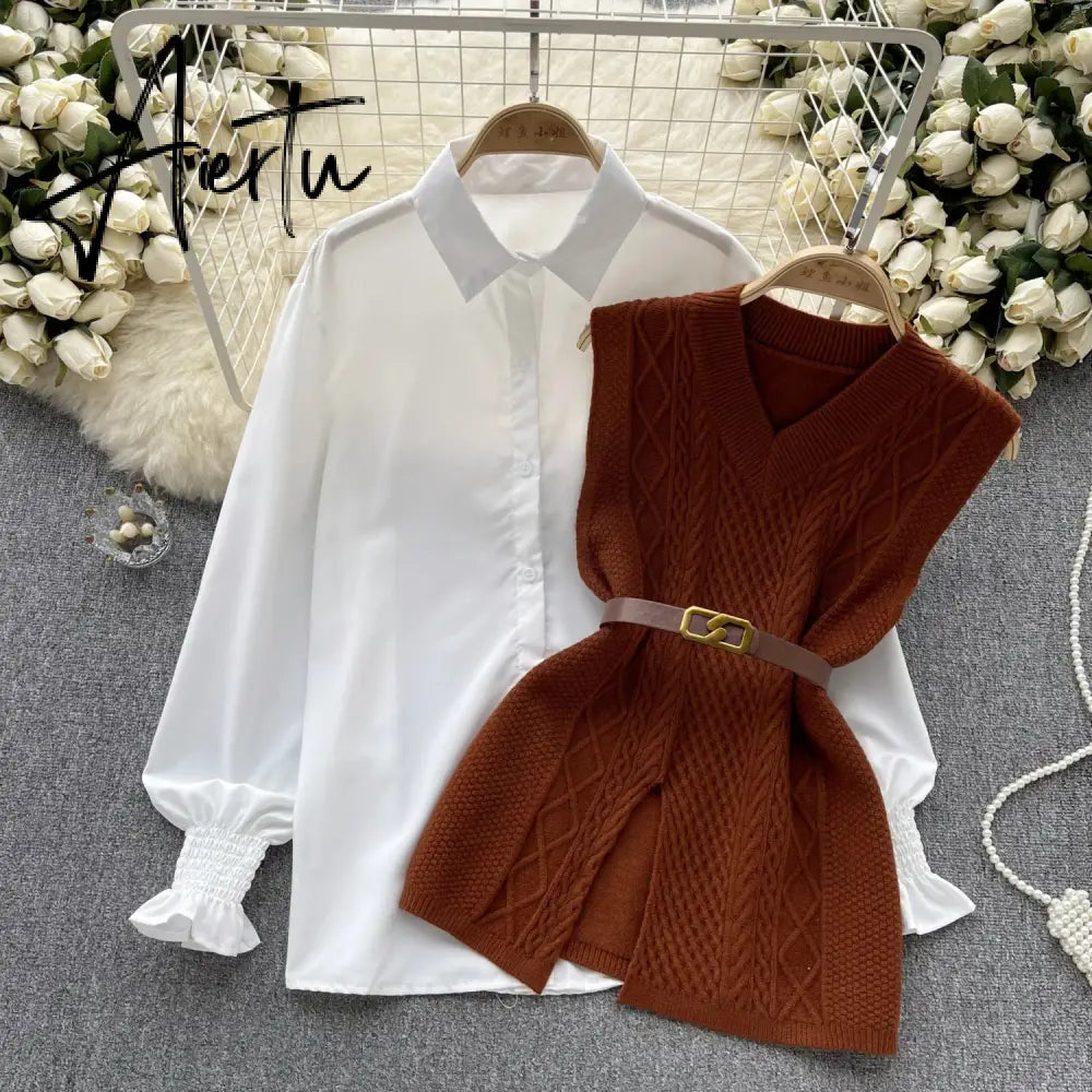Aiertu  Office Lady Knitted Sweater Warm Thick Knit Vest+Single Breasted Lantern Sleeve Blouse Women Pullover Shirt Suits Aiertu