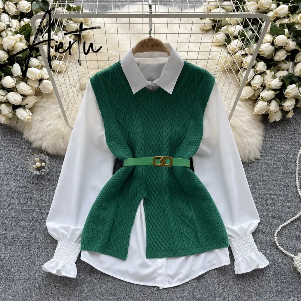 Aiertu  Office Lady Knitted Sweater Warm Thick Knit Vest+Single Breasted Lantern Sleeve Blouse Women Pullover Shirt Suits Aiertu