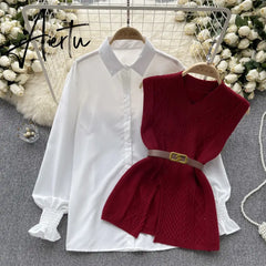 Aiertu  Office Lady Knitted Sweater Warm Thick Knit Vest+Single Breasted Lantern Sleeve Blouse Women Pullover Shirt Suits Aiertu
