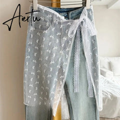 Aiertu  One Piece Korean Floral Embroidery Lace Layering Wearing Single Piece With Half Body Gauze Skirt Butt Curtain Inside Aiertu