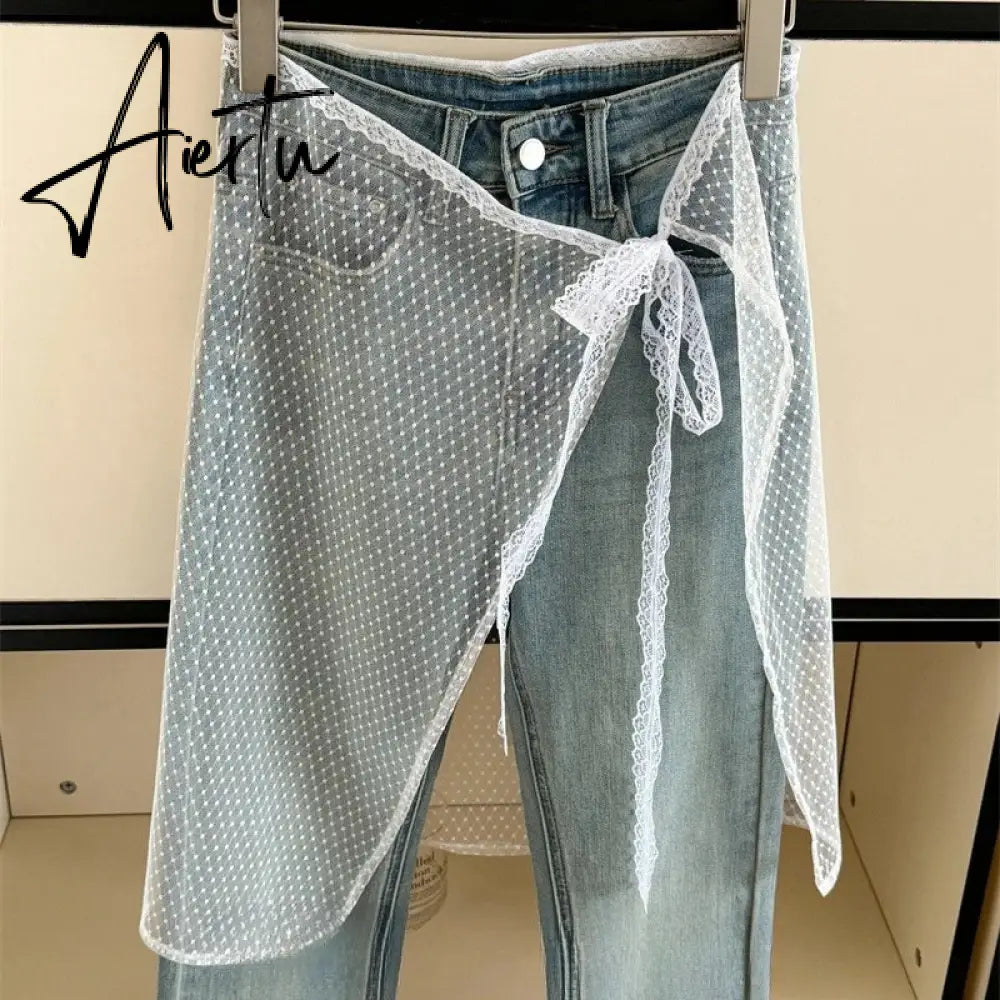 Aiertu  One Piece Korean Floral Embroidery Lace Layering Wearing Single Piece With Half Body Gauze Skirt Butt Curtain Inside Aiertu