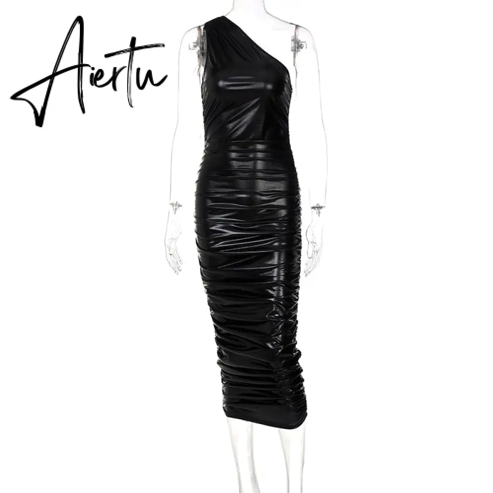 Aiertu One-Shoulder Slim Gathered  Solid Leather Maxi Dress Summer Women Fashion Sexy Party Club Robe Kpytomoa Aiertu