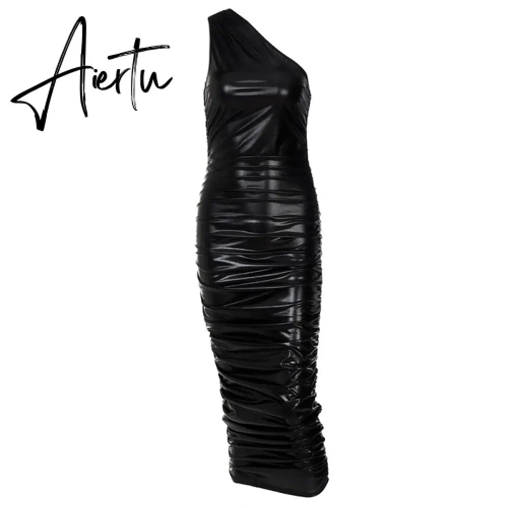 Aiertu One-Shoulder Slim Gathered  Solid Leather Maxi Dress Summer Women Fashion Sexy Party Club Robe Kpytomoa Aiertu