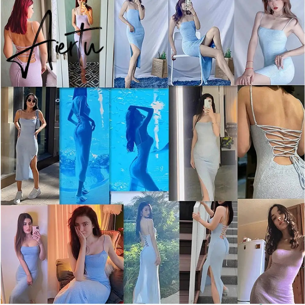 Aiertu one-shoulder slit sexy long dress summer women fashion streetwear outfits party club bodycon solid sundress Aiertu