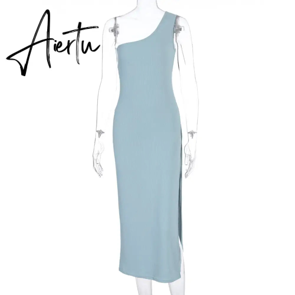 Aiertu one-shoulder slit sexy long dress summer women fashion streetwear outfits party club bodycon solid sundress Aiertu