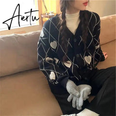 Aiertu Oversized Cardigan Sweaters Women Winter Korean Style Fashion Sweater Long Sleeve V-Neck Loose Vintage Knitwear Tops Coat Aiertu