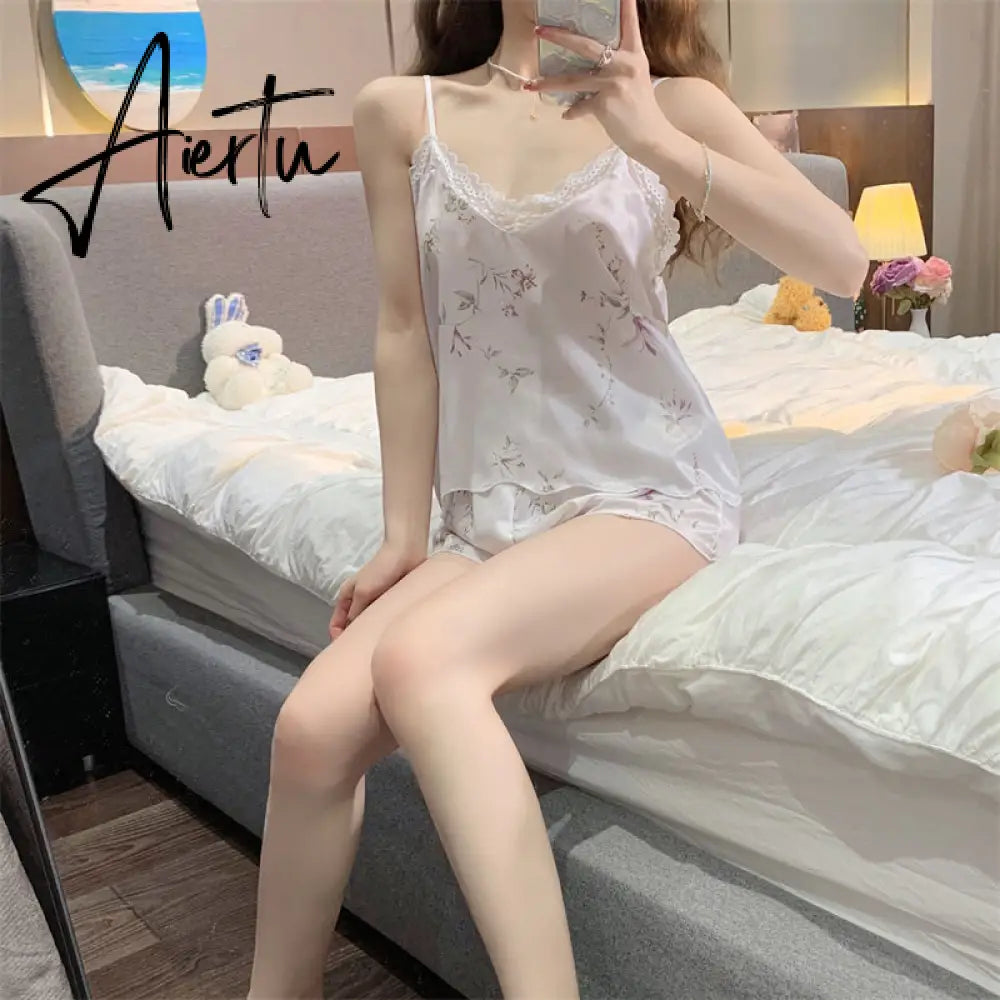 Aiertu Pajama Sets Women Chic Breathable Summer Fashion Sleepwear Female Sleeveless Causal Homewear Korean Style Daily College Print Aiertu