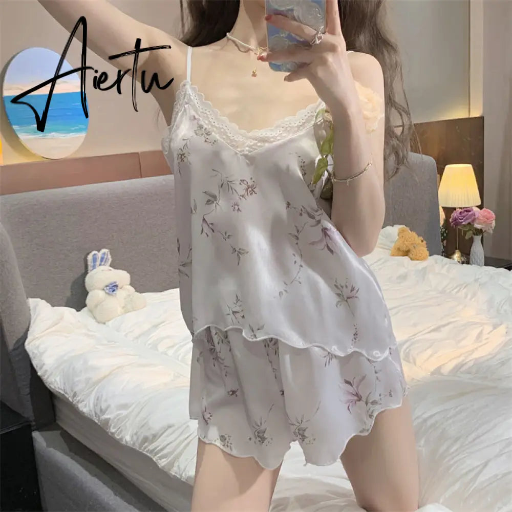 Aiertu Pajama Sets Women Chic Breathable Summer Fashion Sleepwear Female Sleeveless Causal Homewear Korean Style Daily College Print Aiertu