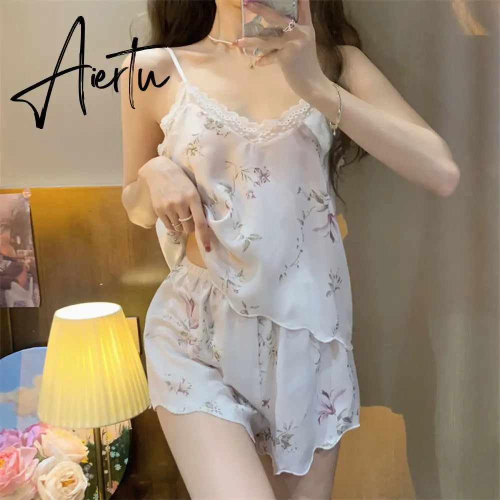 Aiertu Pajama Sets Women Chic Breathable Summer Fashion Sleepwear Female Sleeveless Causal Homewear Korean Style Daily College Print Aiertu
