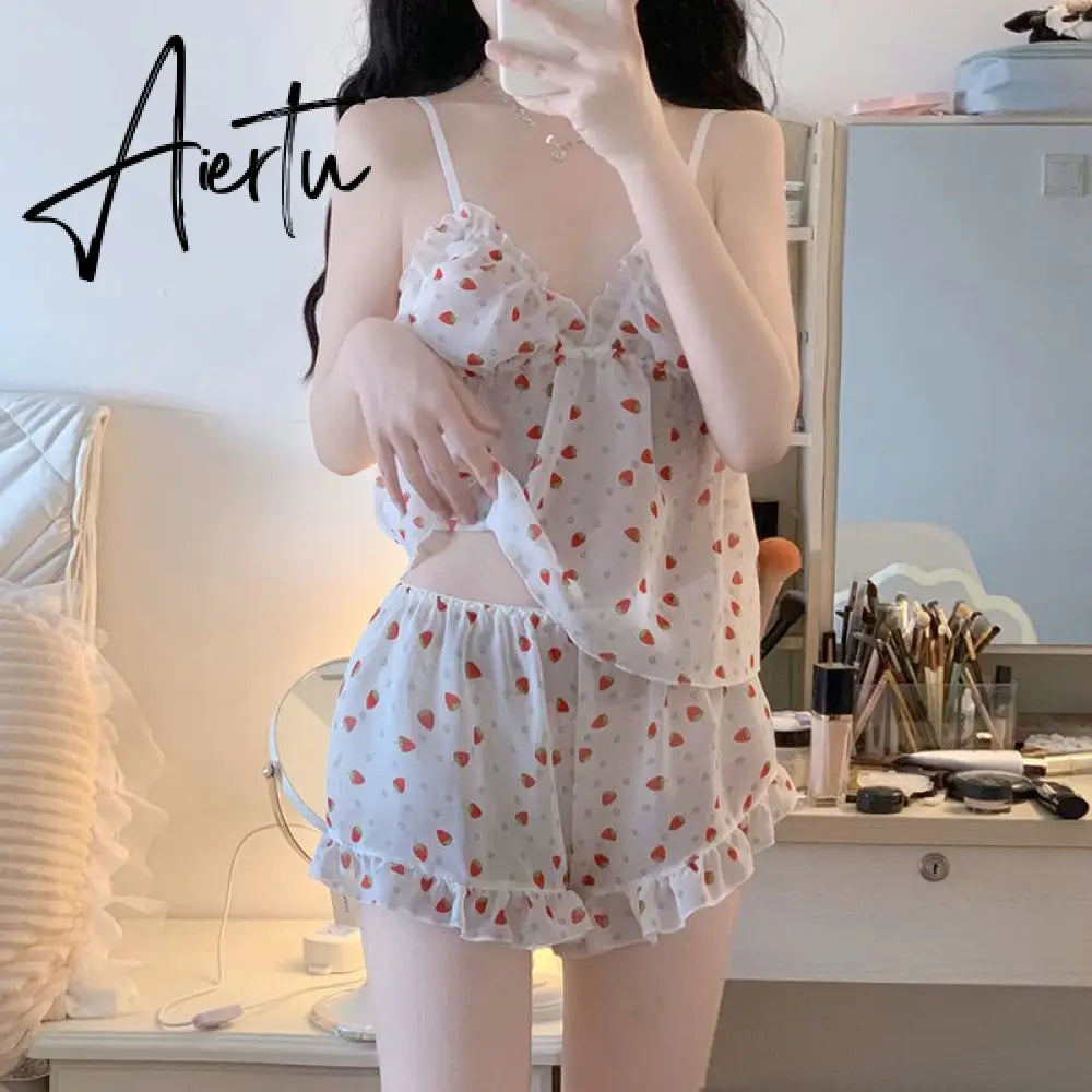 Aiertu Pajama Sets Women Lovely Korean Style Summer Sleepwear Stylish Thin Print Girlish Homewear Sweet Femme Popular Light Soft Lounge Aiertu