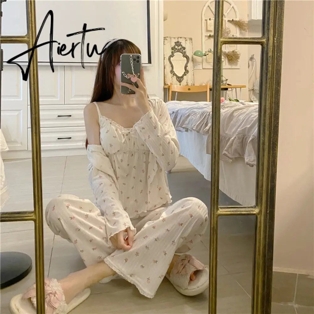 Aiertu Pajama Three Piece Set Print Camisole Cardigan with Chest Pad Trousers Homewear Women's Spring Summer Mori Girl Style Aiertu