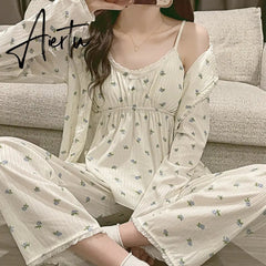 Aiertu Pajama Three Piece Set Print Camisole Cardigan with Chest Pad Trousers Homewear Women's Spring Summer Mori Girl Style Aiertu