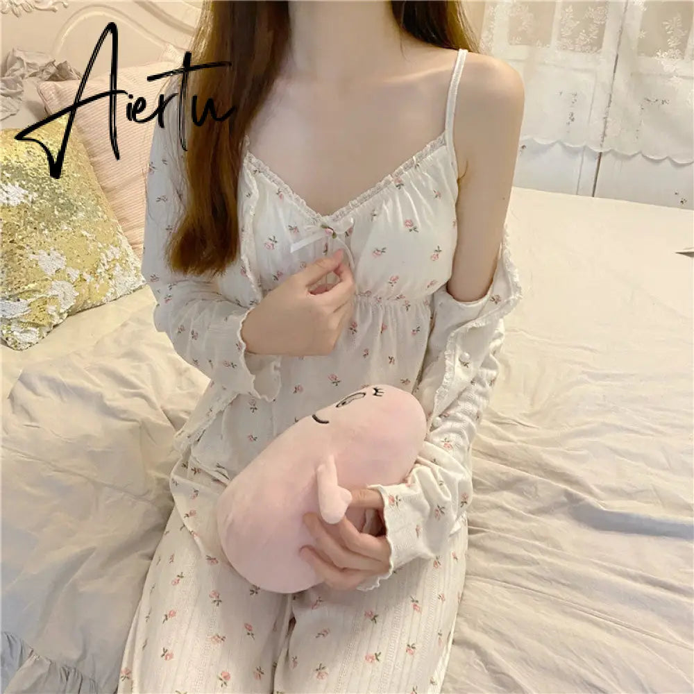 Aiertu Pajama Three Piece Set Print Camisole Cardigan with Chest Pad Trousers Homewear Women's Spring Summer Mori Girl Style Aiertu