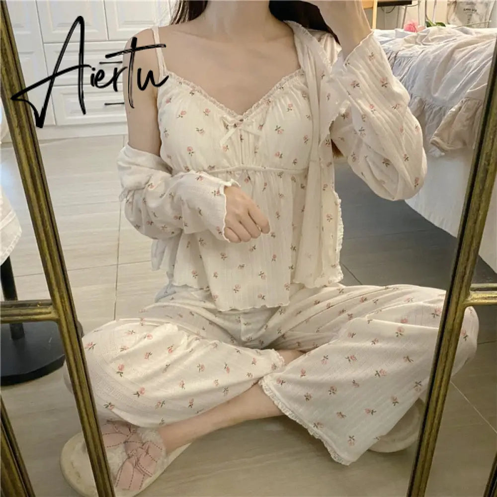Aiertu Pajama Three Piece Set Print Camisole Cardigan with Chest Pad Trousers Homewear Women's Spring Summer Mori Girl Style Aiertu