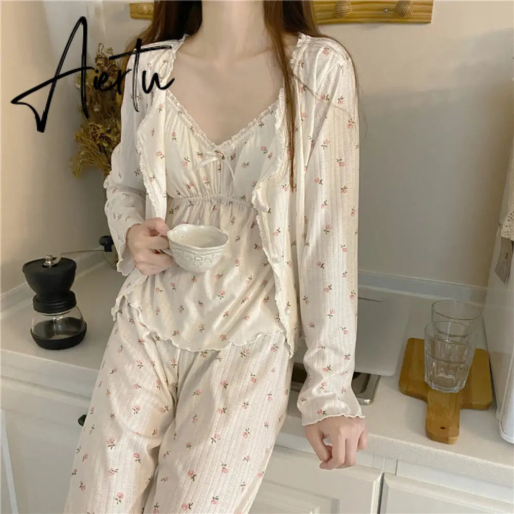 Aiertu Pajama Three Piece Set Print Camisole Cardigan with Chest Pad Trousers Homewear Women's Spring Summer Mori Girl Style Aiertu