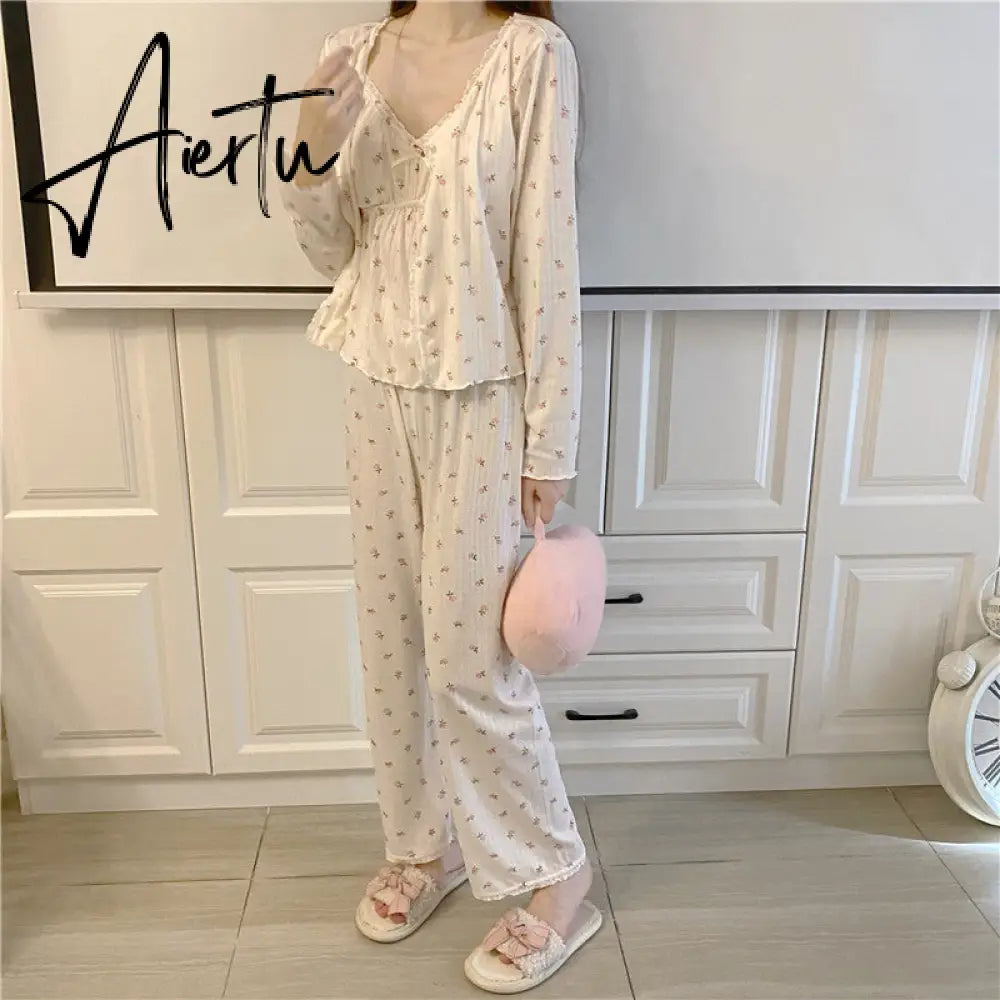 Aiertu Pajama Three Piece Set Print Camisole Cardigan with Chest Pad Trousers Homewear Women's Spring Summer Mori Girl Style Aiertu