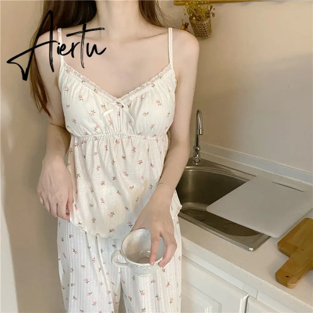 Aiertu Pajama Three Piece Set Print Camisole Cardigan with Chest Pad Trousers Homewear Women's Spring Summer Mori Girl Style Aiertu