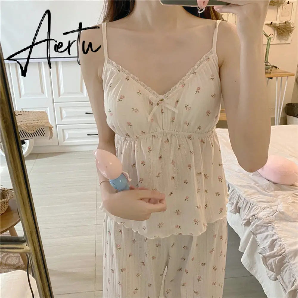 Aiertu Pajama Three Piece Set Print Camisole Cardigan with Chest Pad Trousers Homewear Women's Spring Summer Mori Girl Style Aiertu