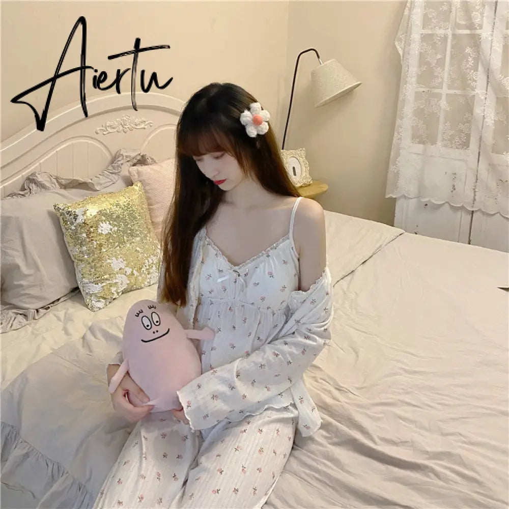 Aiertu Pajama Three Piece Set Print Camisole Cardigan with Chest Pad Trousers Homewear Women's Spring Summer Mori Girl Style Aiertu
