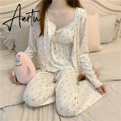 Aiertu Pajama Three Piece Set Print Camisole Cardigan with Chest Pad Trousers Homewear Women's Spring Summer Mori Girl Style Aiertu