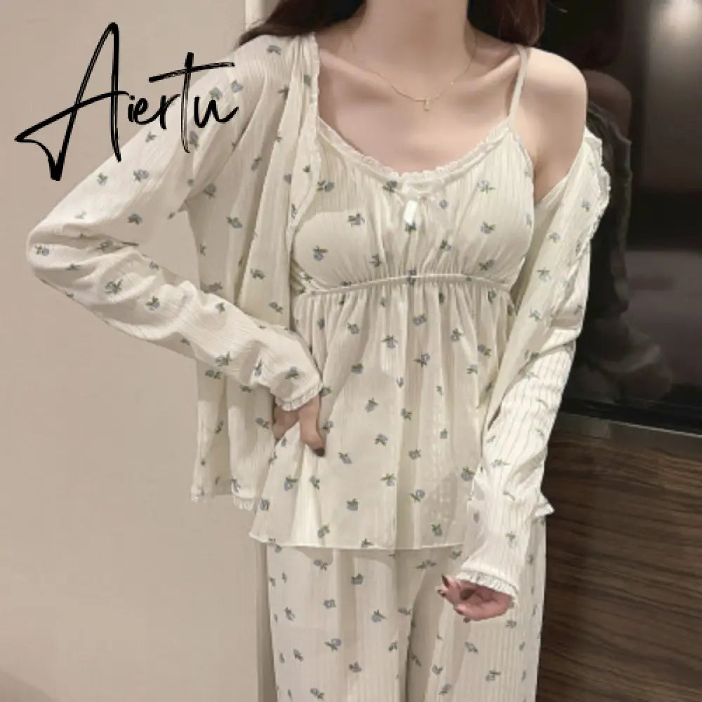 Aiertu Pajama Three Piece Set Print Camisole Cardigan with Chest Pad Trousers Homewear Women's Spring Summer Mori Girl Style Aiertu