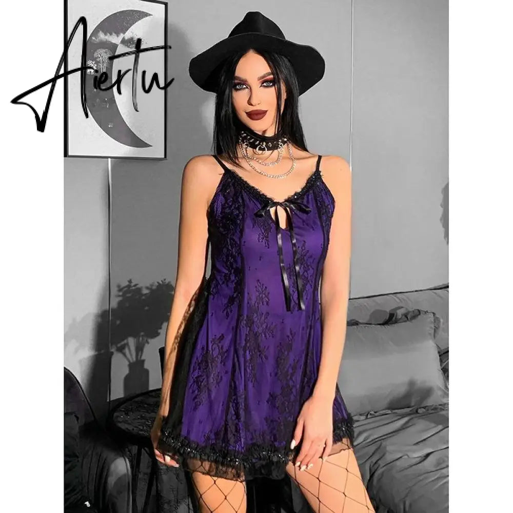 Aiertu Pastel Goth Lace Trim Short Dress Summer E-Girl Aesthetics V-Neck Straped Backless A-Line Dresses Y2K Streetwear Purple Aiertu