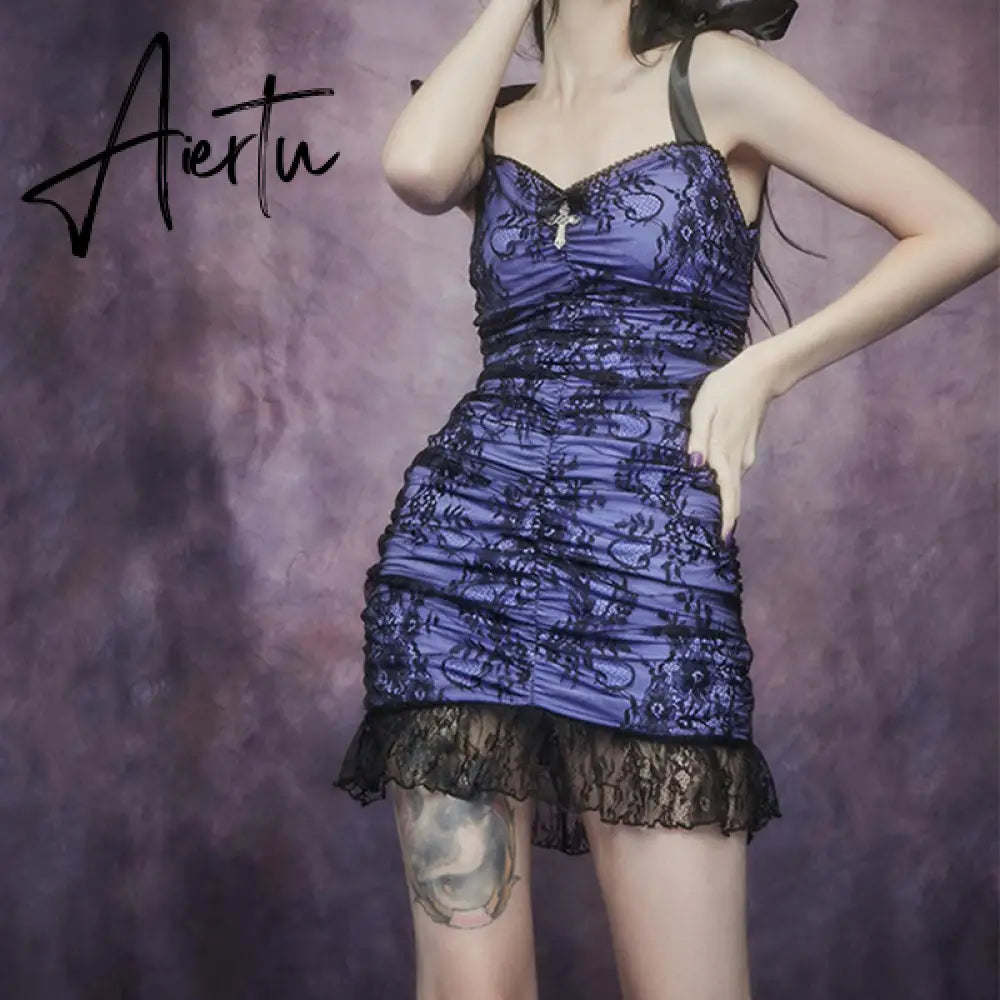 Aiertu Pastel Goth Lace Trim Short Dress Summer E-Girl Aesthetics V-Neck Straped Backless A-Line Dresses Y2K Streetwear Purple Aiertu