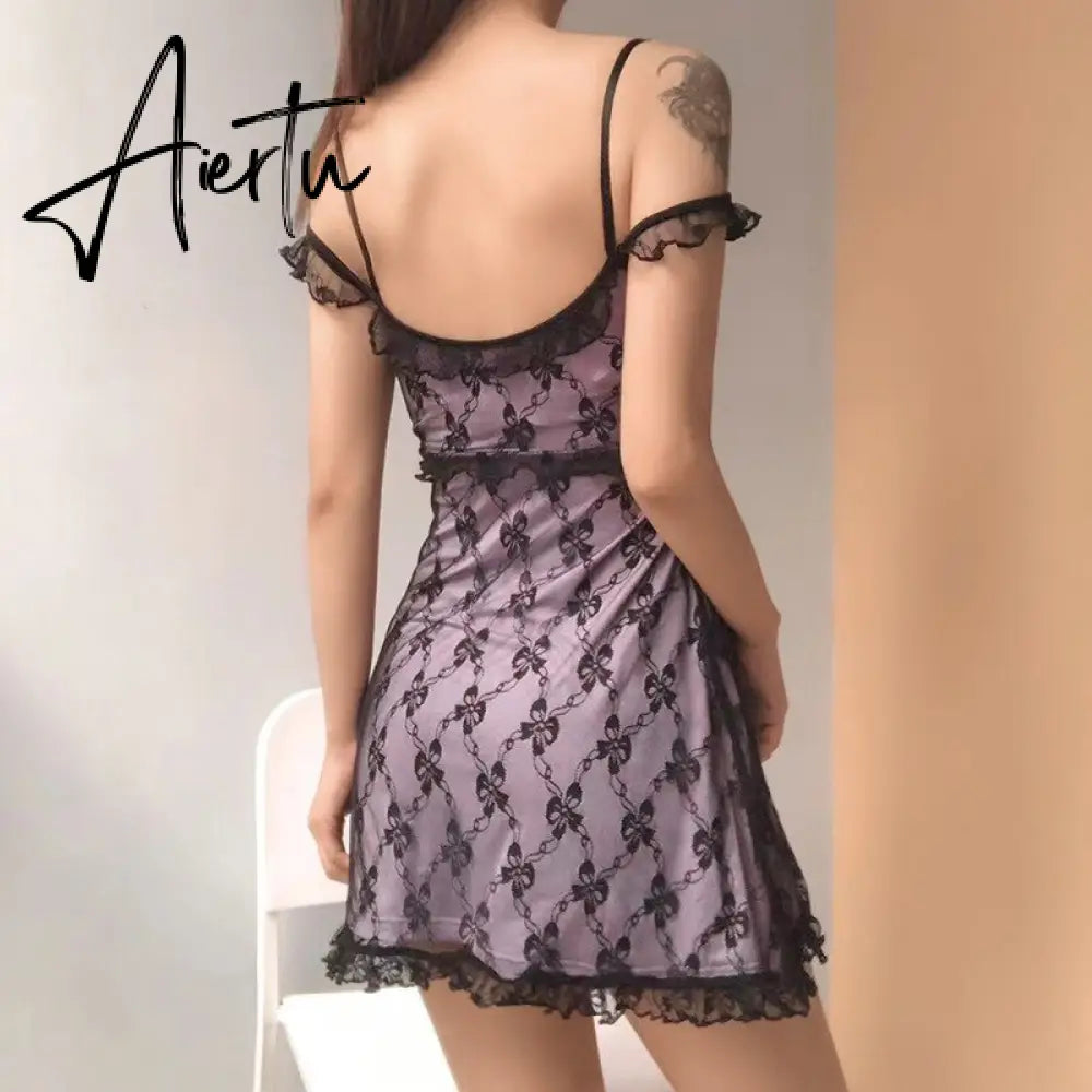 Aiertu Pastel Goth Lace Trim Short Dress Summer E-Girl Aesthetics V-Neck Straped Backless A-Line Dresses Y2K Streetwear Purple Aiertu