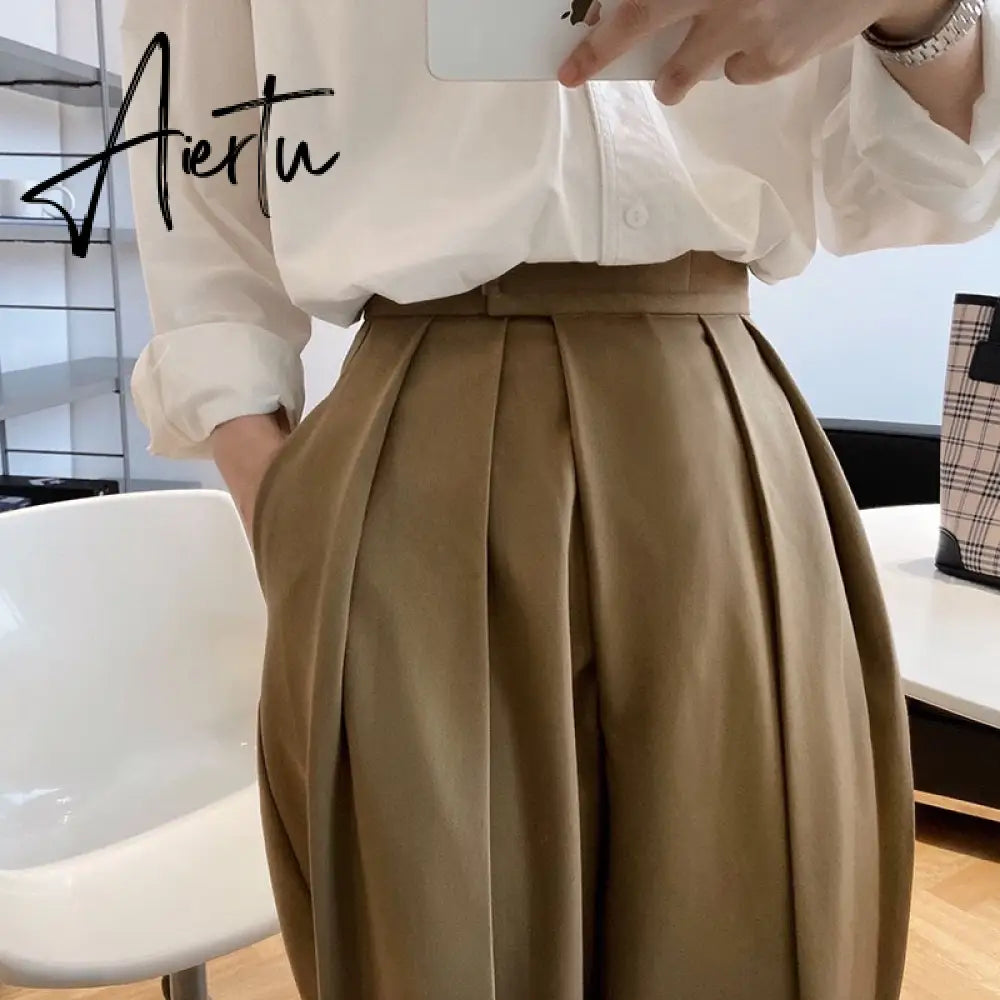 Aiertu  Patchwork Asymmetrical Wide Leg Pants For Women High Waist Black Loose Trousers Female Spring Clothing Style Aiertu